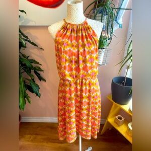 Orange, Pink & White Sleeveless Halter Sundress, Sz M